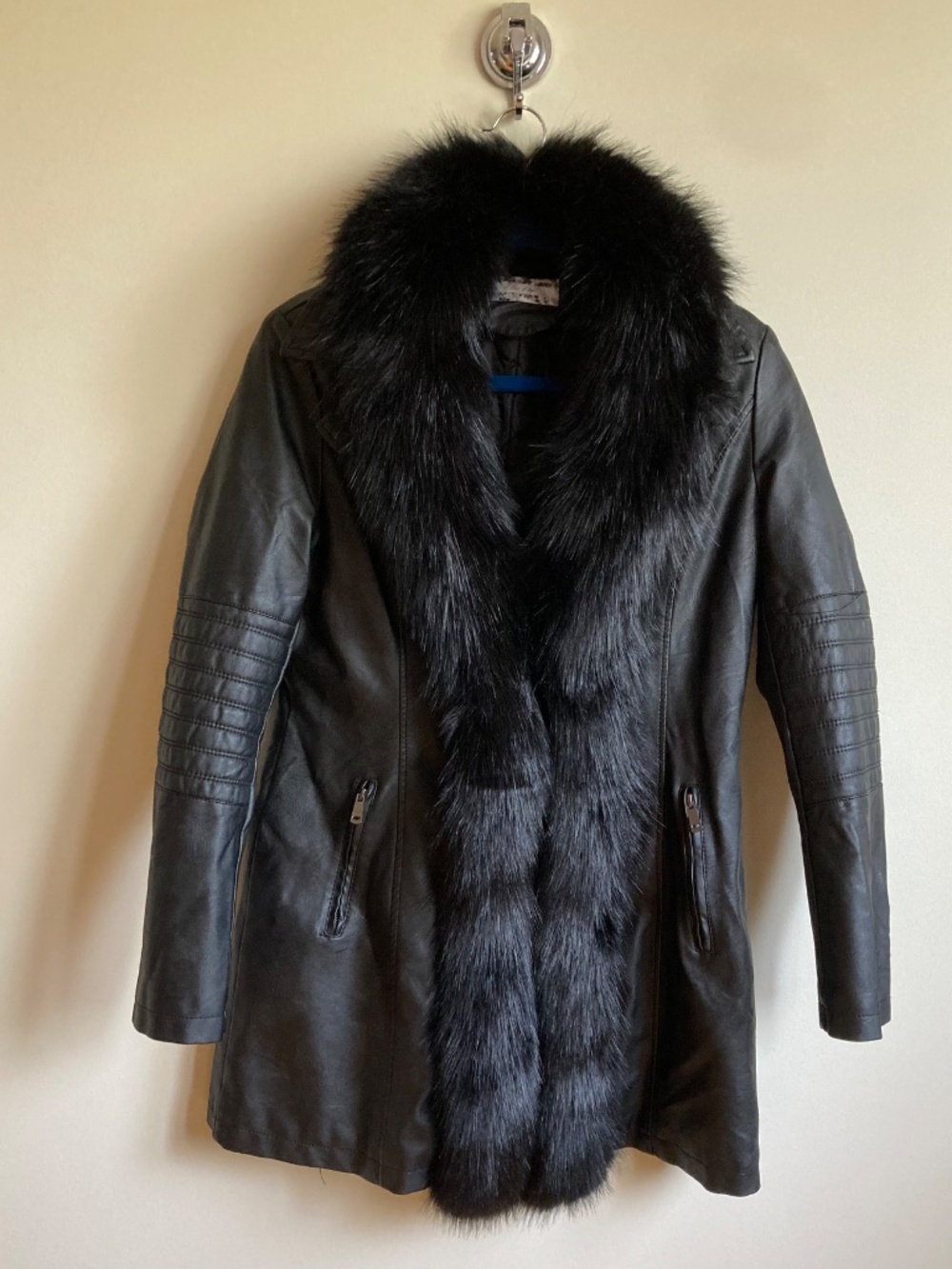Black Moto Faux Leather Coat Plush Faux Fur Collar